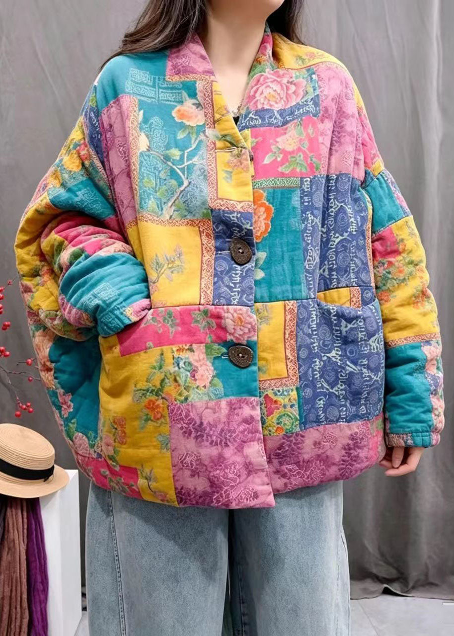 Women Rainbow Oversized Print Pockets Fine Cotton Filled Winter Coats
