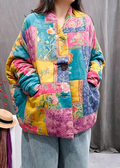 Women Rainbow Oversized Print Pockets Fine Cotton Filled Winter Coats