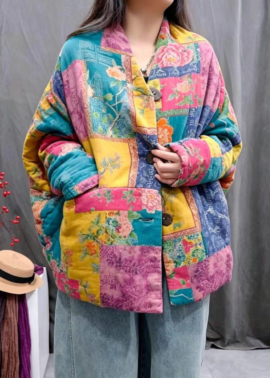 Women Rainbow Oversized Print Pockets Fine Cotton Filled Winter Coats