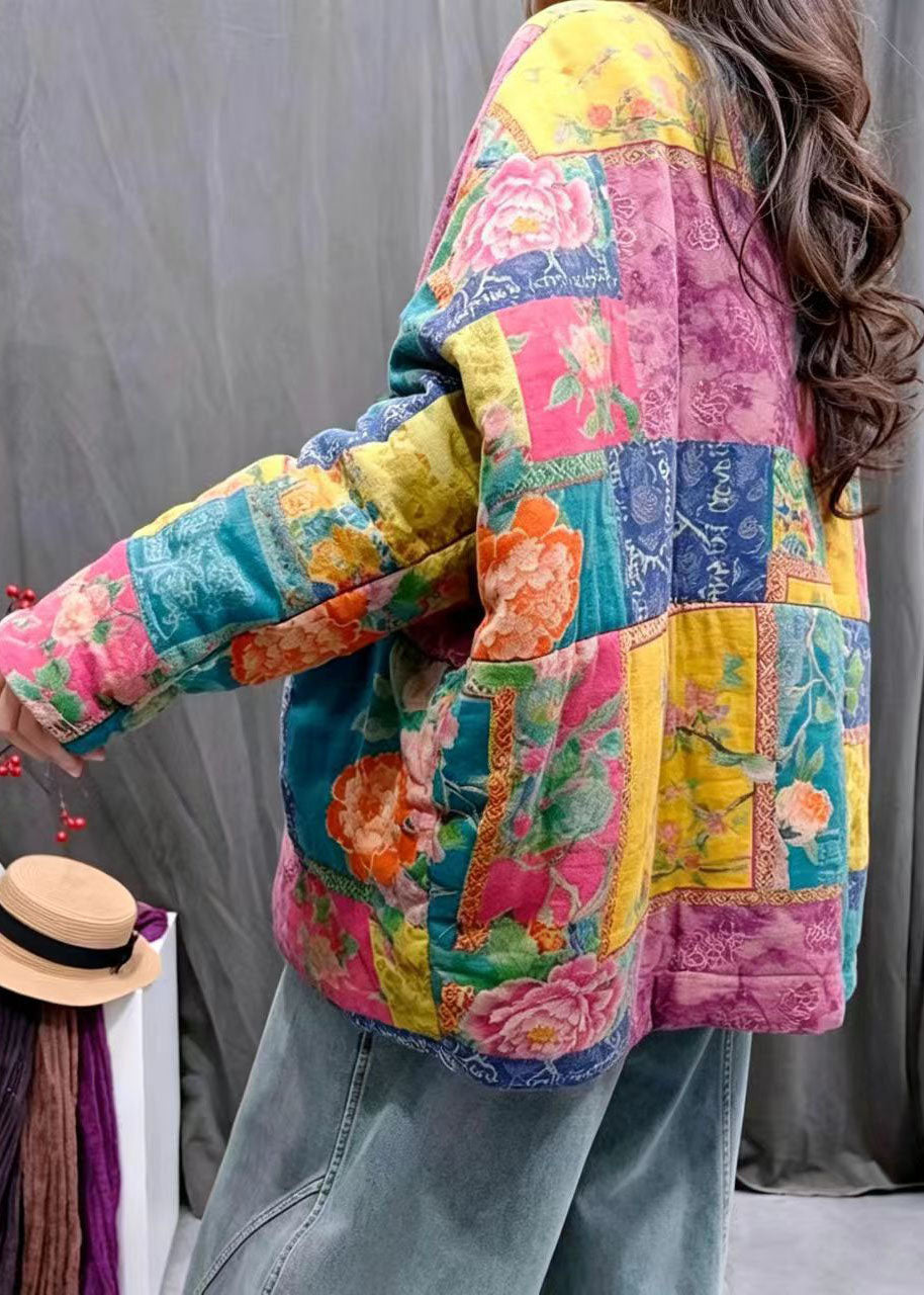 Women Rainbow Oversized Print Pockets Fine Cotton Filled Winter Coats