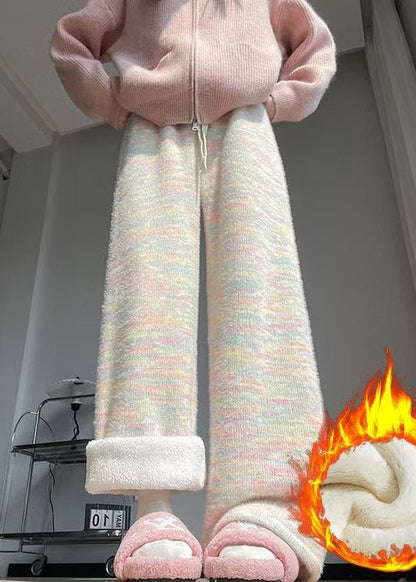 Women Rainbow Print Elastic Waist Warm Fleece Straight Pants Winter