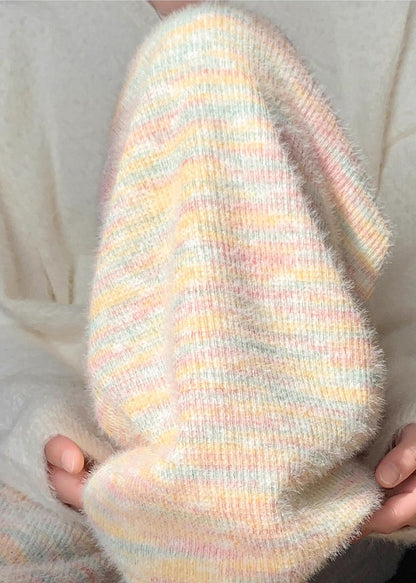 Women Rainbow Print Elastic Waist Warm Fleece Straight Pants Winter