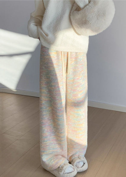 Women Rainbow Print Elastic Waist Warm Fleece Straight Pants Winter