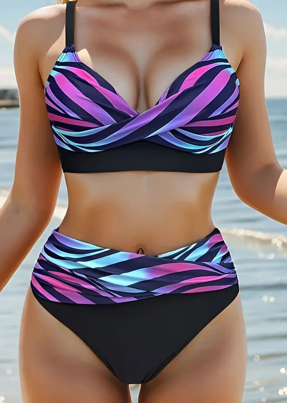 Women Rainbow Striped Patchwork Swimwear Set