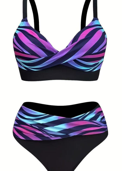 Women Rainbow Striped Patchwork Swimwear Set