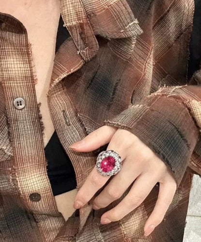 Women Red Alloy Zircon Rose Rings