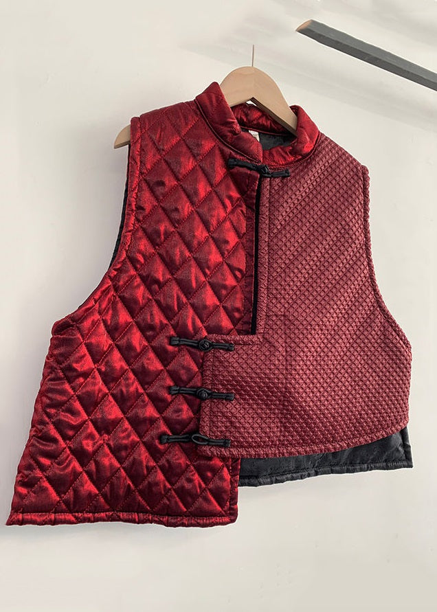 Women Red Asymmetrical Chinese Button Cotton Blended Waistcoat Sleeveless