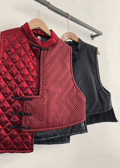 Women Red Asymmetrical Chinese Button Cotton Blended Waistcoat Sleeveless