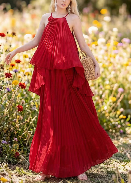 Women Red Asymmetrical Floral Pleated Chiffon Two Pieces Set Summer