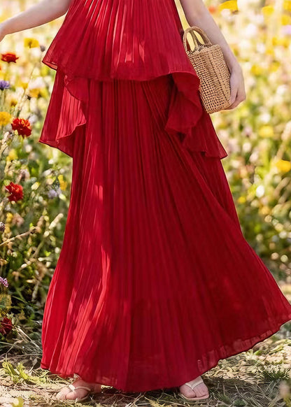 Women Red Asymmetrical Floral Pleated Chiffon Two Pieces Set Summer