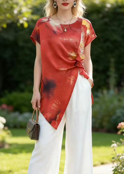 Women Red Asymmetrical Print Silk Two Pieces Set Summer