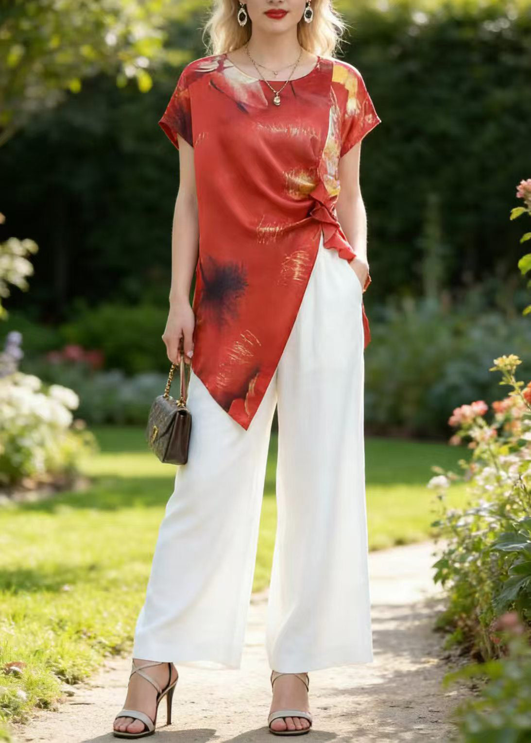Women Red Asymmetrical Print Silk Two Pieces Set Summer
