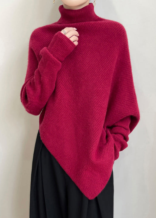 Women Red Asymmetrical Thick Woolen Sweaters Winter