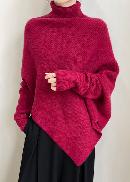 Women Red Asymmetrical Thick Woolen Sweaters Winter