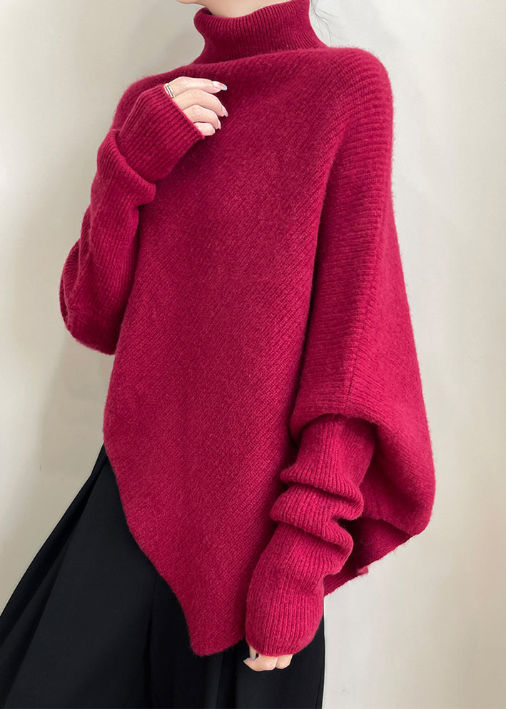 Women Red Asymmetrical Thick Woolen Sweaters Winter