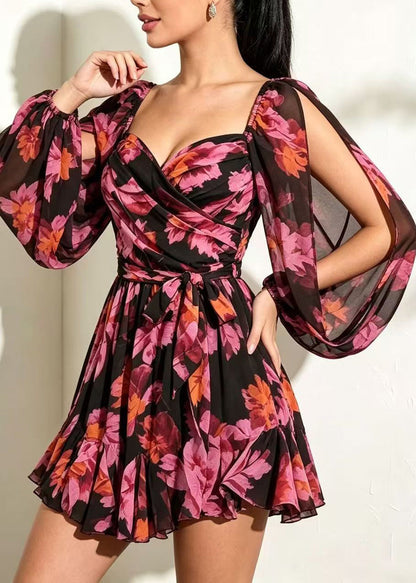 Women Red Backless Print Chiffon Tea Dress Summer