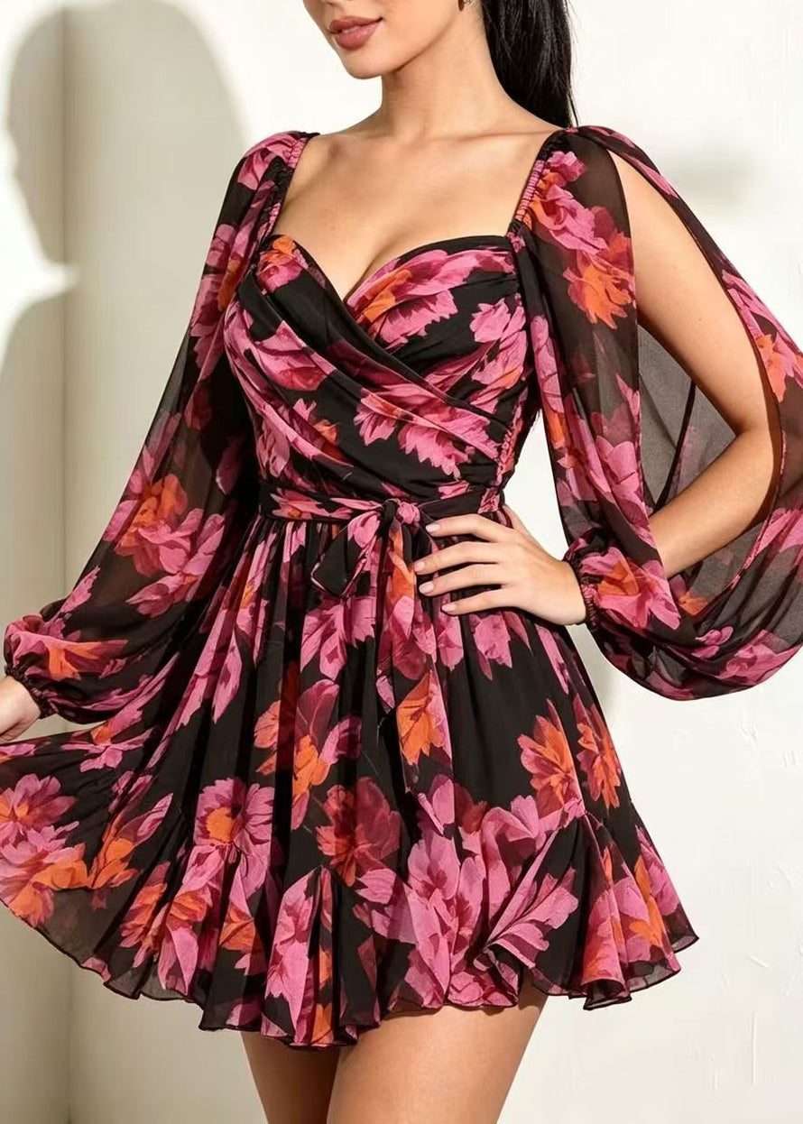 Women Red Backless Print Chiffon Tea Dress Summer