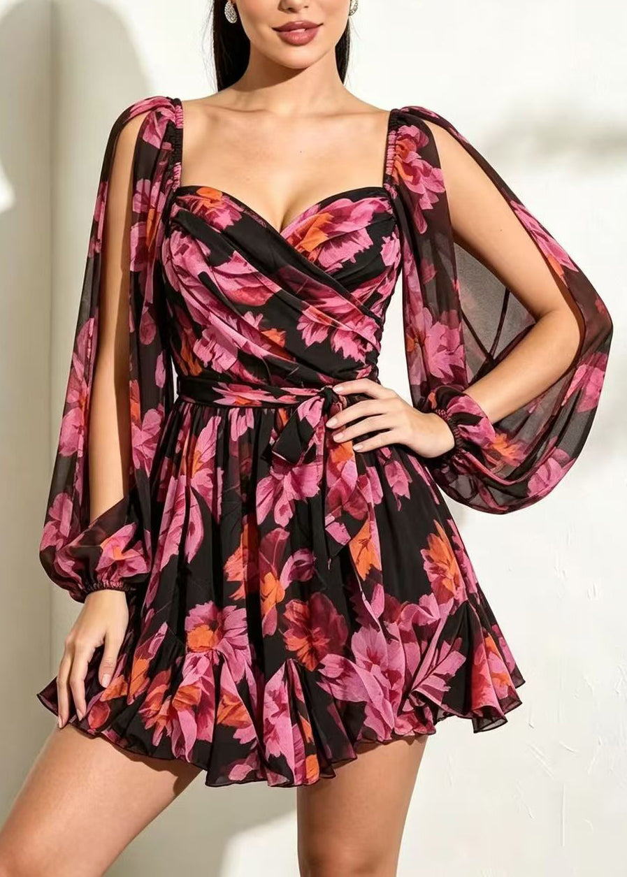 Women Red Backless Print Chiffon Tea Dress Summer