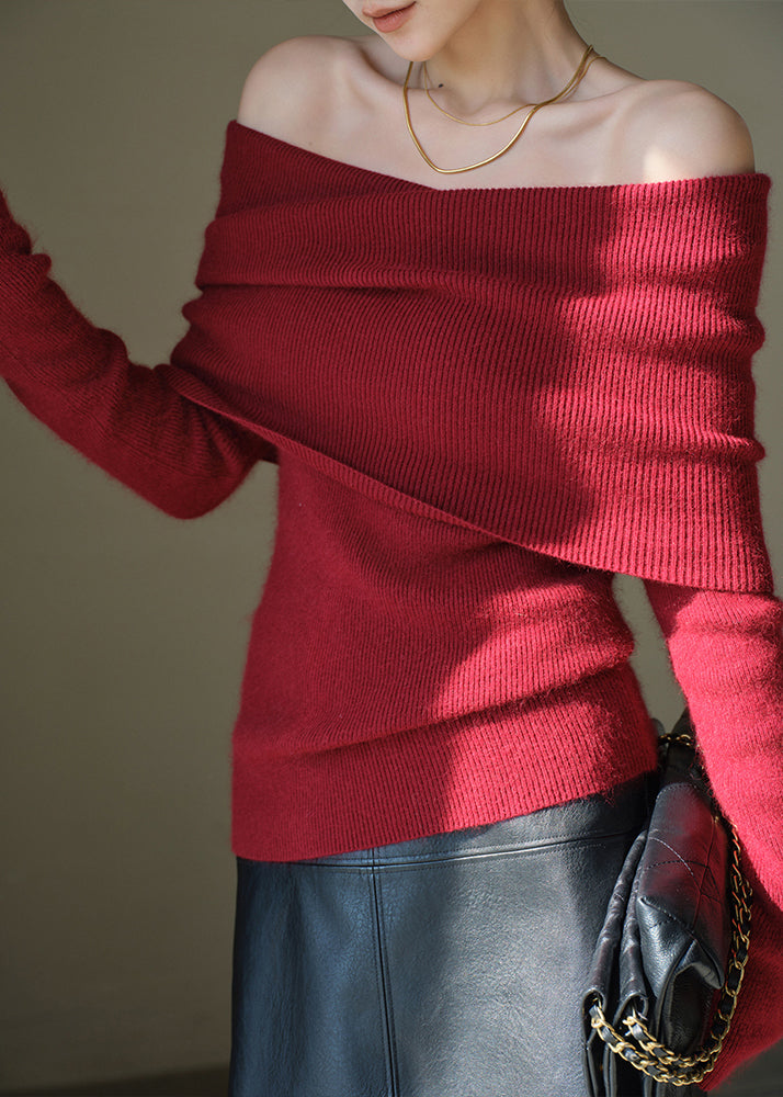 Women Red Cold Shoulder Wool Knitted Tops Winter