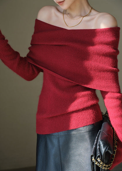 Women Red Cold Shoulder Wool Knitted Tops Winter