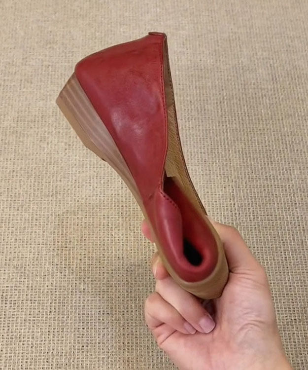 Women Red Cowhide Leather Comfy Soft Flat Feet Shoes