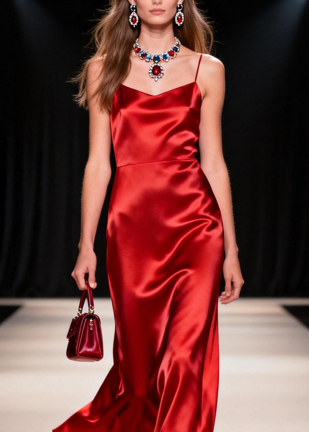 Women Red Draping Silk Spaghetti Strap Dress Summer