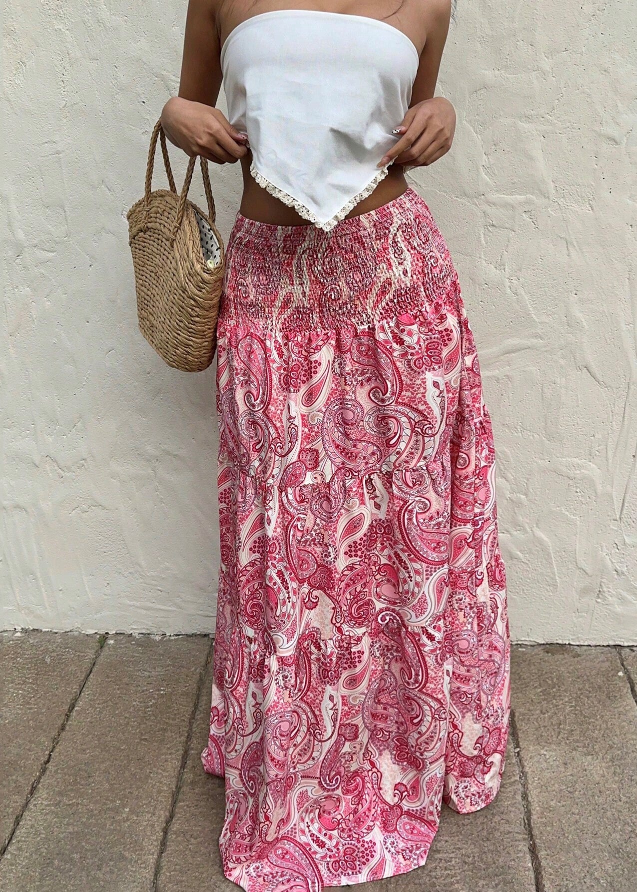 Women Red Elastic Waist Print Cotton Holiday Skirts Summer