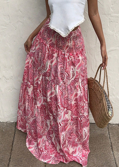 Women Red Elastic Waist Print Cotton Holiday Skirts Summer