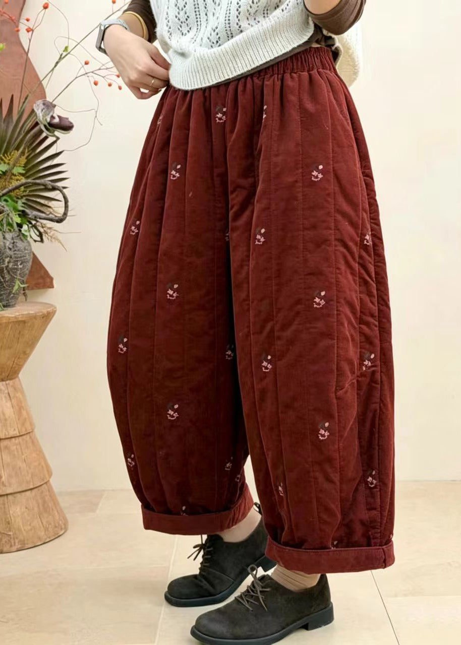 Women Red Embroidered Elastic Waist Corduroy Cotton Filled Crop Pants Fall