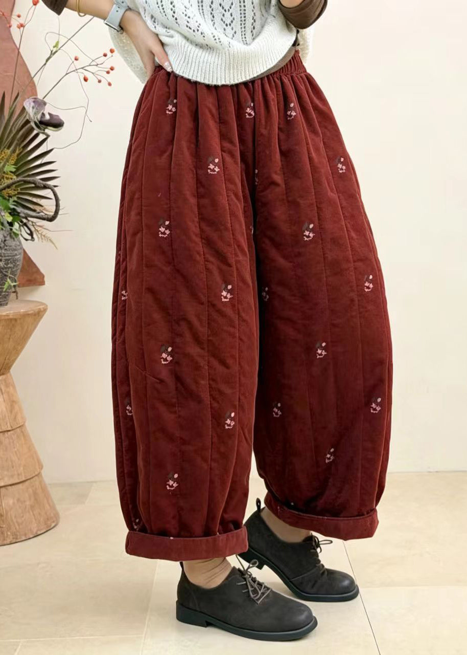 Women Red Embroidered Elastic Waist Corduroy Cotton Filled Crop Pants Fall