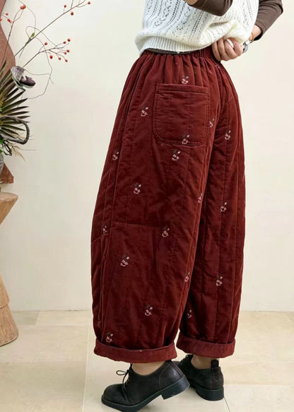 Women Red Embroidered Elastic Waist Corduroy Cotton Filled Crop Pants Fall