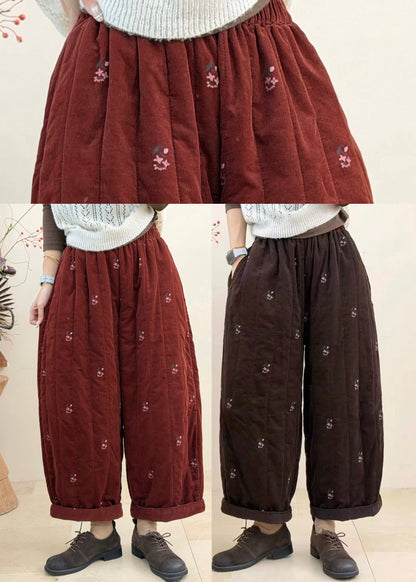 Women Red Embroidered Elastic Waist Corduroy Cotton Filled Crop Pants Fall