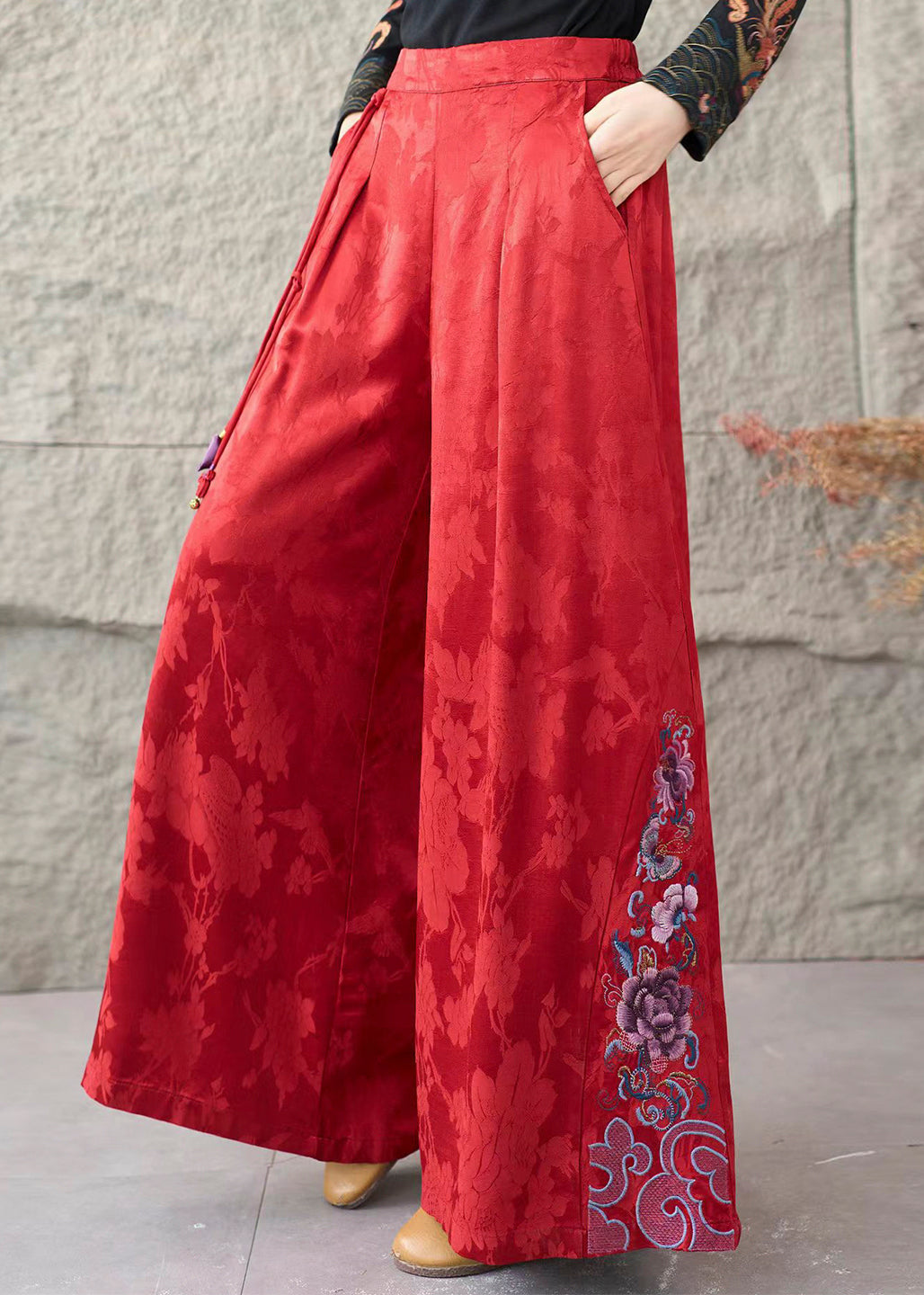 Women Red Embroidered Jacquard Silk Straigh Pants Spring