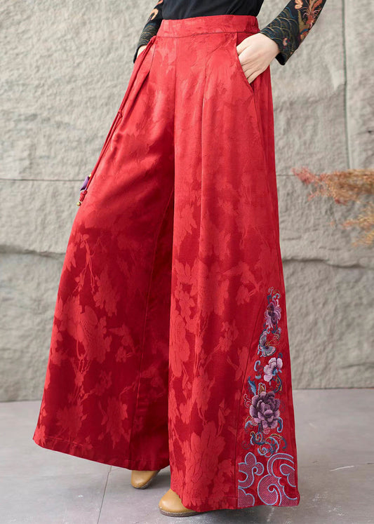 Women Red Embroidered Jacquard Silk Straigh Pants Spring