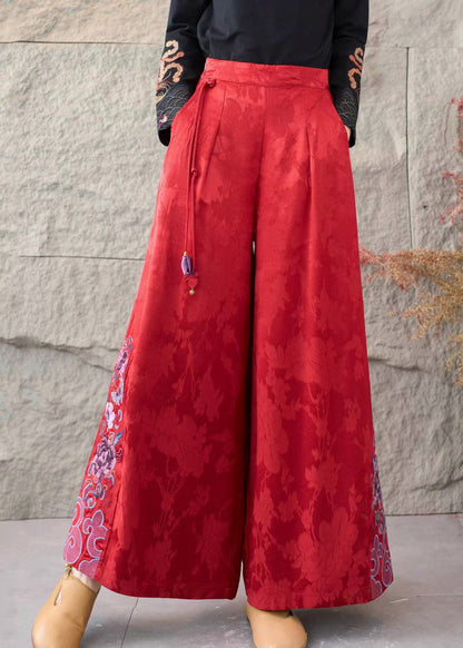 Women Red Embroidered Jacquard Silk Straigh Pants Spring