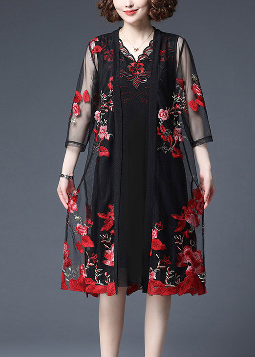 Women Red Floral Embroideried Tulle Cardigans And Tank Dress Two Piece Set Summer