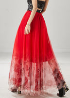 Women Red Floral Tulle Vacation Skirts Spring