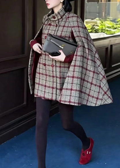 Women Red Grey Plaid Stand Collar Double Breast Woolen Coat Cloak Sleeves