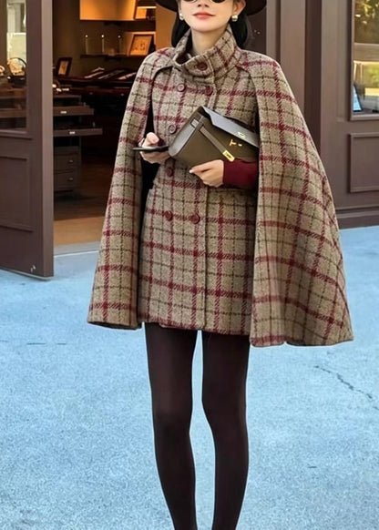 Women Red Grey Plaid Stand Collar Double Breast Woolen Coat Cloak Sleeves