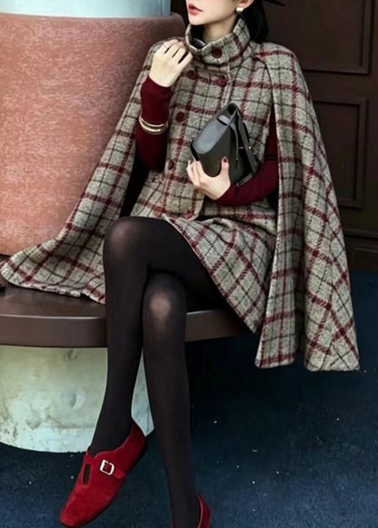 Women Red Grey Plaid Stand Collar Double Breast Woolen Coat Cloak Sleeves