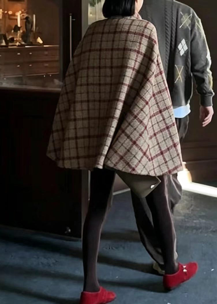 Women Red Grey Plaid Stand Collar Double Breast Woolen Coat Cloak Sleeves