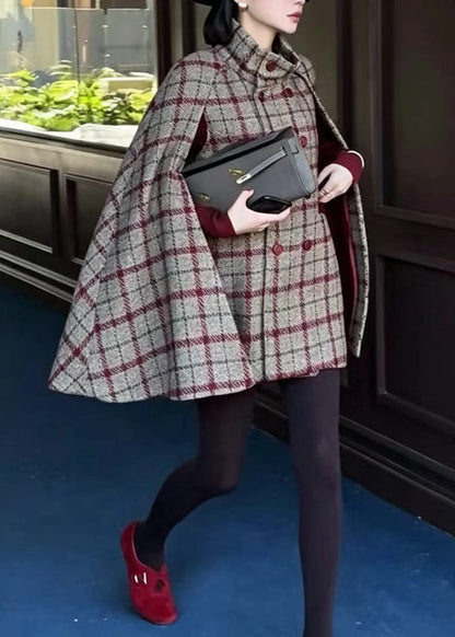 Women Red Grey Plaid Stand Collar Double Breast Woolen Coat Cloak Sleeves