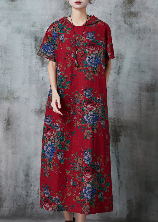 Women Red Hooded Print Cotton Long Dress Summer