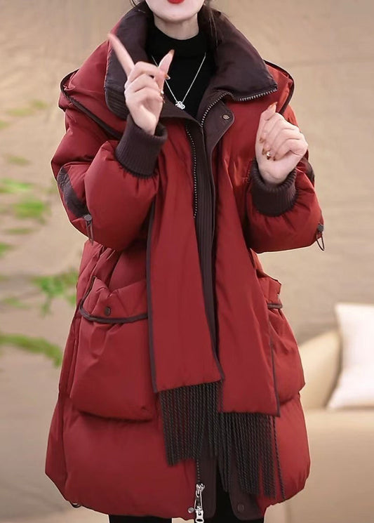 Women Red Hooded Removable Pockets Patchwork Duck Down Down Coats Winte