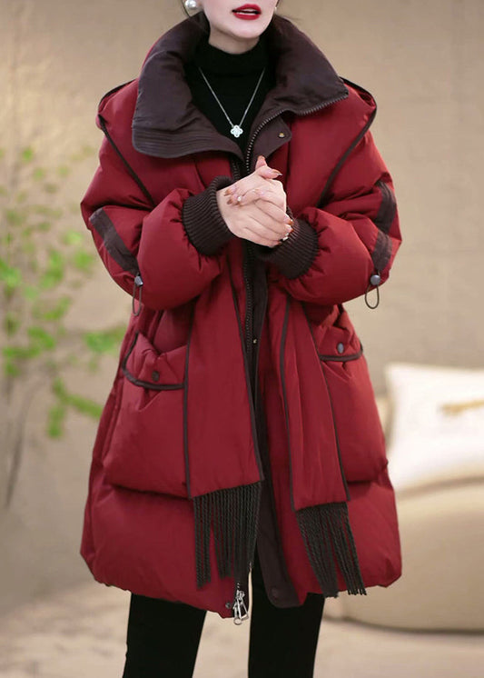 Women Red Hooded Removable Pockets Patchwork Duck Down Down Coats Winte