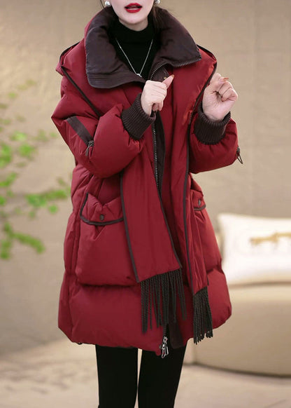 Women Red Hooded Removable Pockets Patchwork Duck Down Down Coats Winte