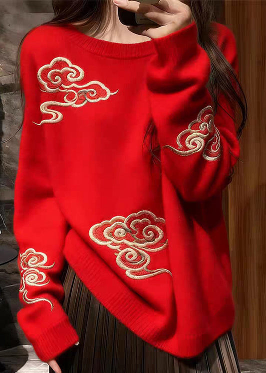 Women Red O Neck Auspicious Clouds Cozy Knit Sweaters Spring