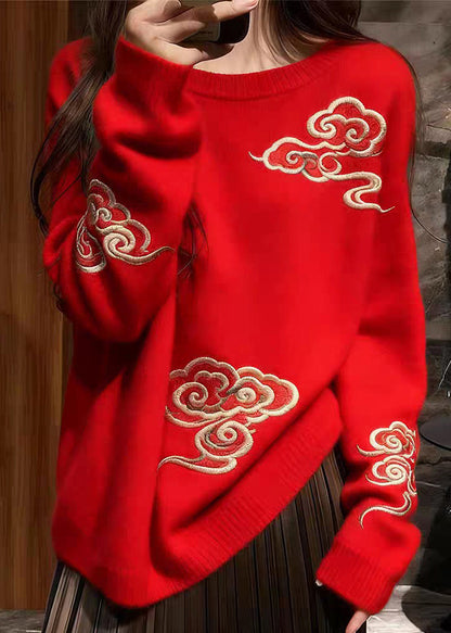 Women Red O Neck Auspicious Clouds Cozy Knit Sweaters Spring