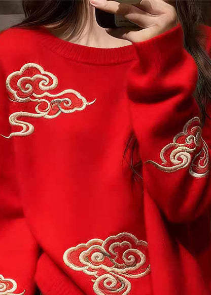 Women Red O Neck Auspicious Clouds Cozy Knit Sweaters Spring