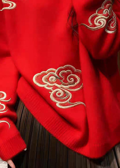 Women Red O Neck Auspicious Clouds Cozy Knit Sweaters Spring